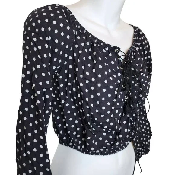 Windsor Lace Up Polka Dot Crop Top - Black/White, Small - Picture 4 of 10